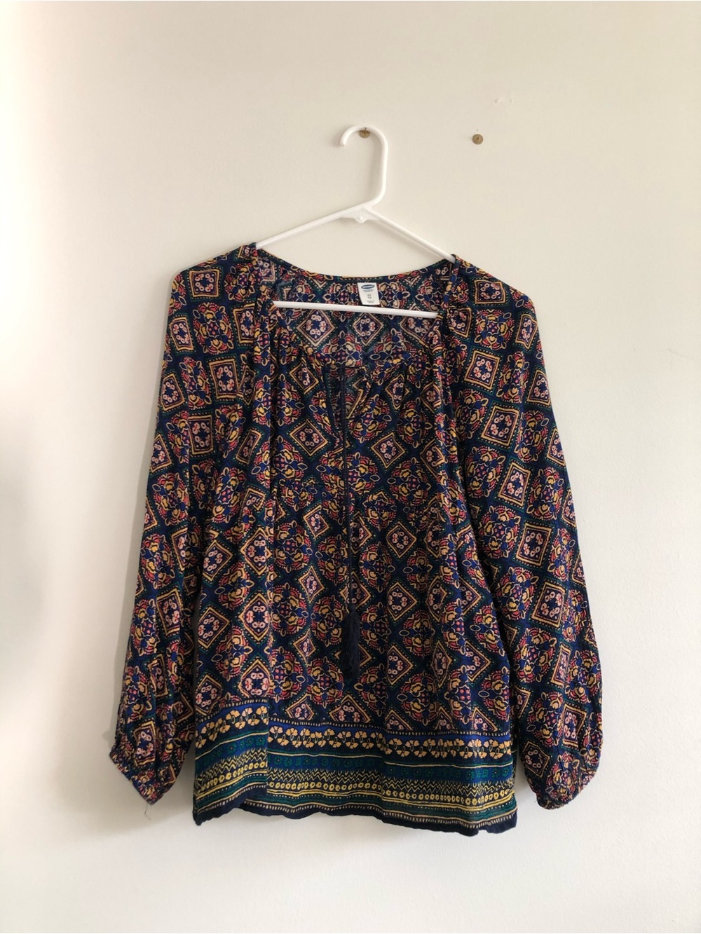 Old Navy Navy Multicolor Floral Geometric Peasant Blouse